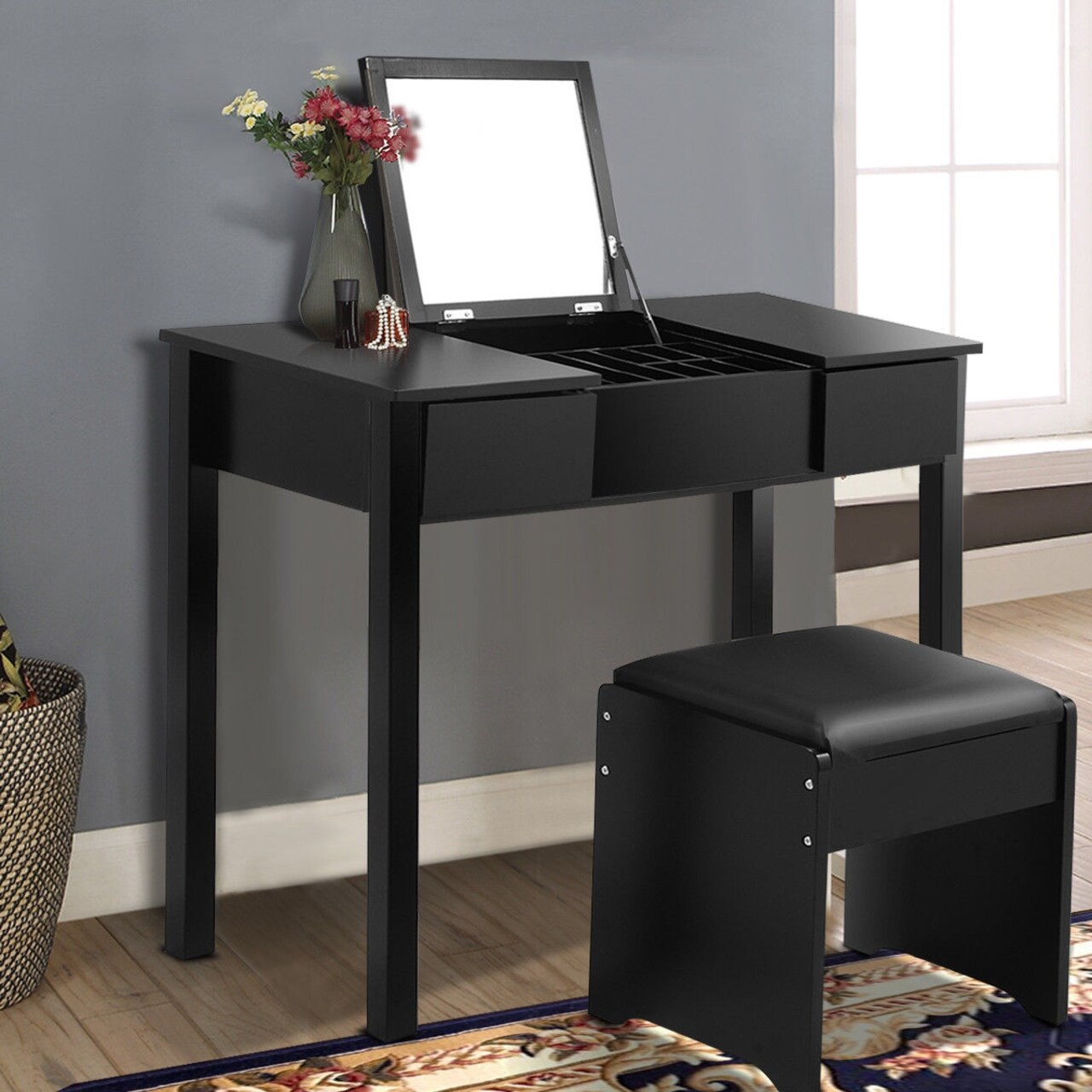 Vanity Makeup Dressing Table Set with Flip Top Mirror and Cushioned Stool